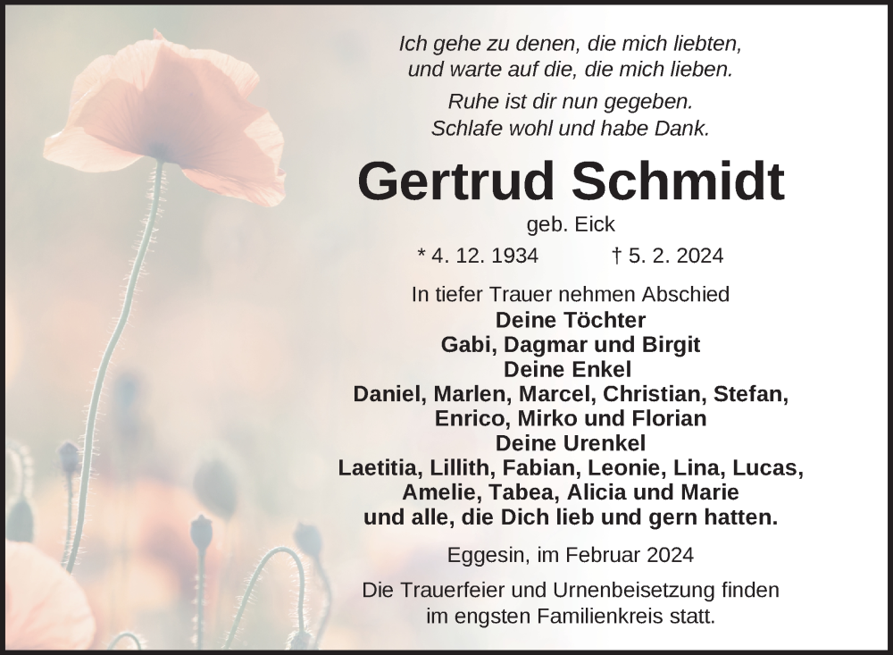  Traueranzeige für Gertrud Schmidt vom 10.02.2024 aus Nordkurier Haff-Zeitung