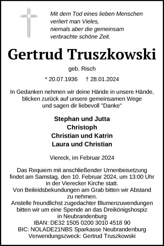 Traueranzeige von Gertrud Truszkowski von Nordkurier Pasewalker Zeitung