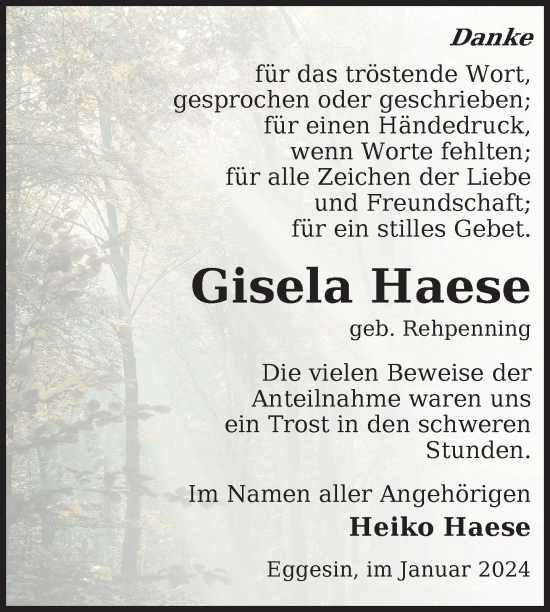 Traueranzeige von Gisela Haese von Nordkurier Haff-Zeitung