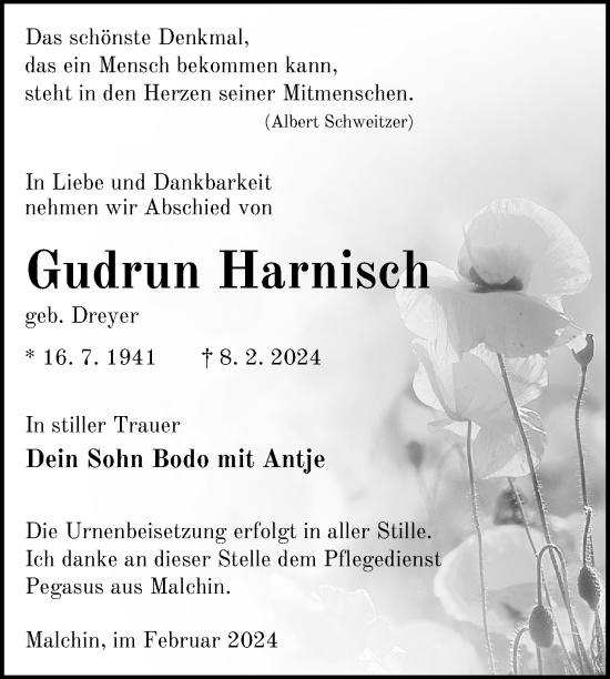 Traueranzeige von Gudrun Harnisch von Nordkurier Mecklenburger Schweiz
