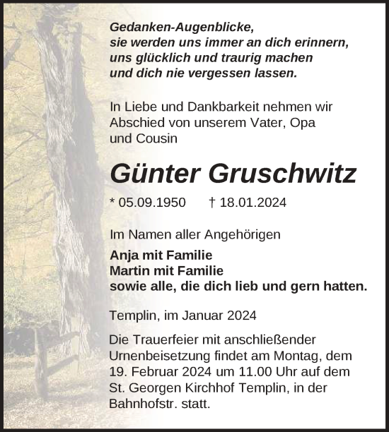 Traueranzeige von Günter Gruschwitz von Uckermark Kurier Templiner Zeitung