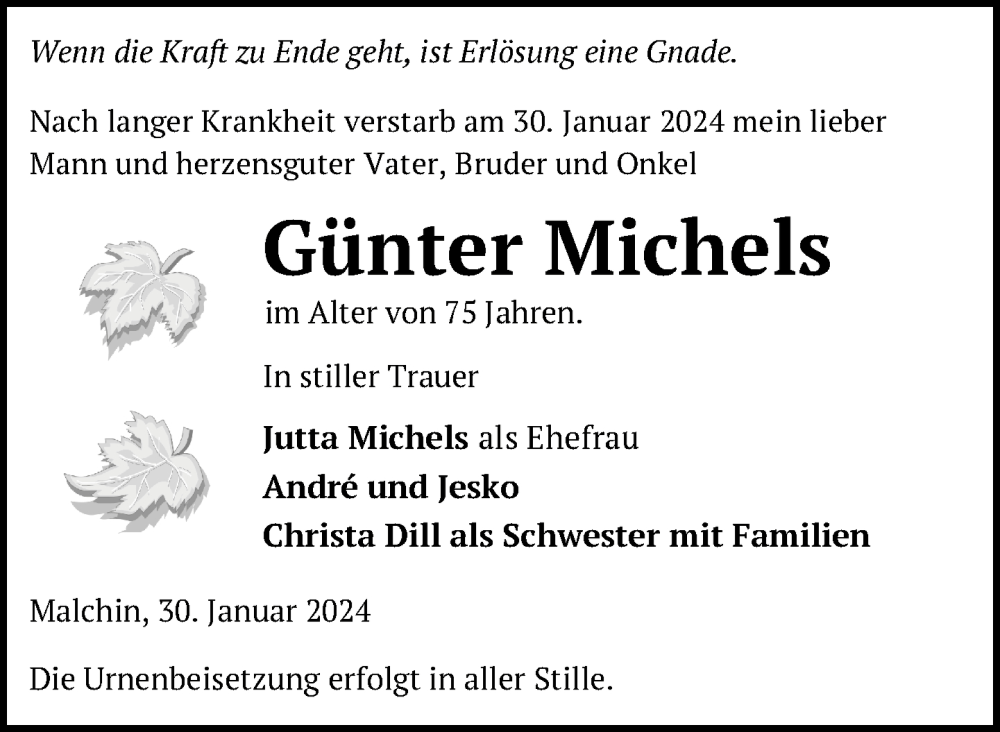  Traueranzeige für Günter Michels vom 02.02.2024 aus Nordkurier Mecklenburger Schweiz