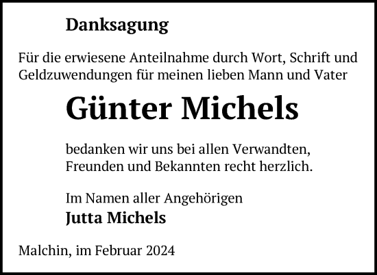 Traueranzeige von Günter Michels von Nordkurier Mecklenburger Schweiz