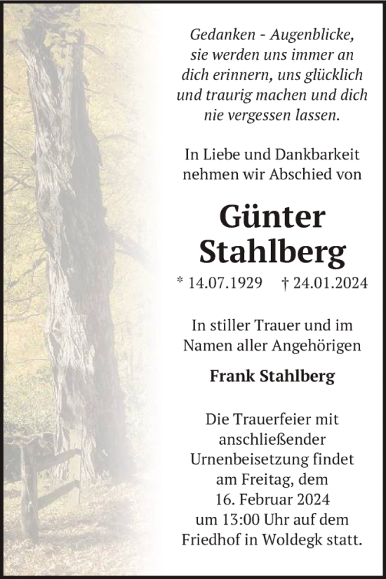 Traueranzeige von Günter Stahlberg von Nordkurier Strelitzer Zeitung