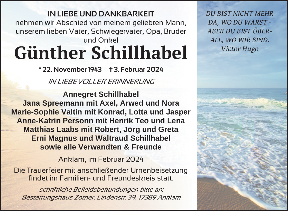  Traueranzeige für Günther Schillhabel vom 10.02.2024 aus Nordkurier Vorpommern Kurier