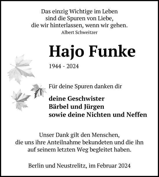 Traueranzeige von Hajo Funke von Nordkurier Strelitzer Zeitung