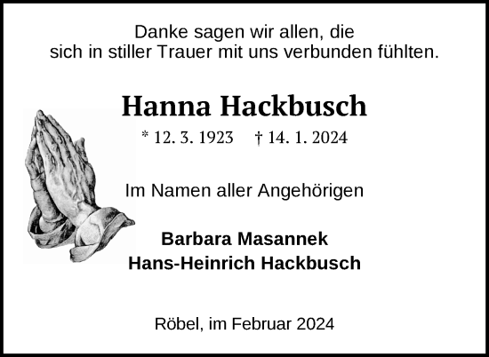 Traueranzeige von Hanna Hackbusch von Nordkurier Müritz-Zeitung