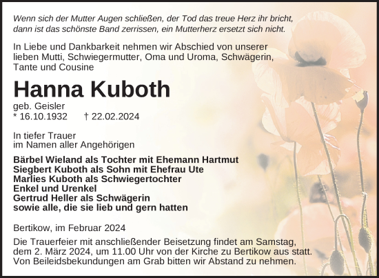 Traueranzeige von Hanna Kuboth von Uckermark Kurier Prenzlauer Zeitung