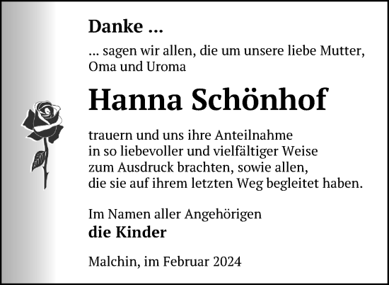 Traueranzeige von Hanna Schönhof von Nordkurier Mecklenburger Schweiz