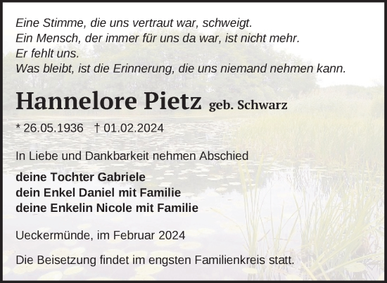 Traueranzeige von Hannelore Pietz von Nordkurier Haff-Zeitung