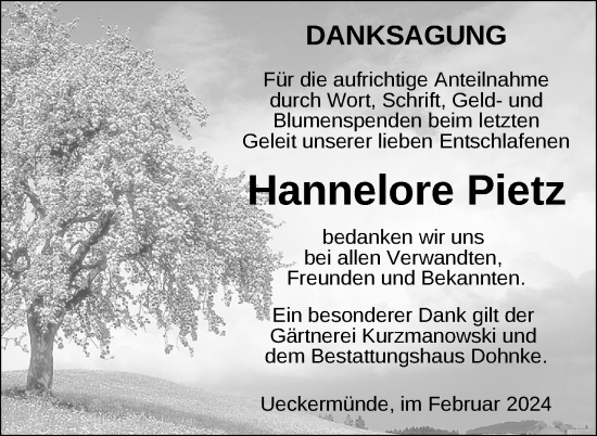 Traueranzeige von Hannelore Pietz von Nordkurier Haff-Zeitung