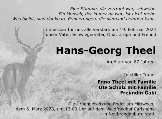 Traueranzeigen von Hans-Georg Theel | Trauer Nordkurier