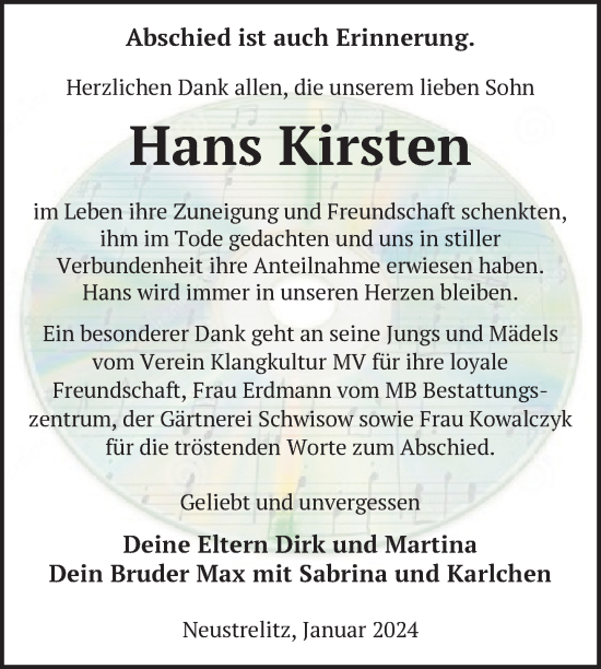 Traueranzeige von Hans Kirsten von Nordkurier Strelitzer Zeitung