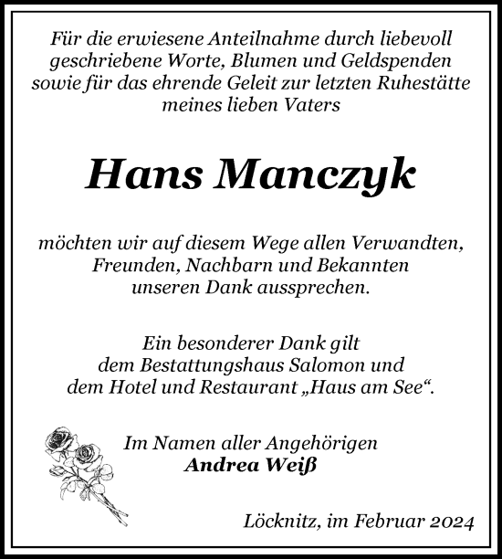 Traueranzeige von Hans Manczyk von Nordkurier Pasewalker Zeitung