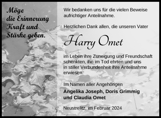 Traueranzeige von Harry Omet von Nordkurier Strelitzer Zeitung