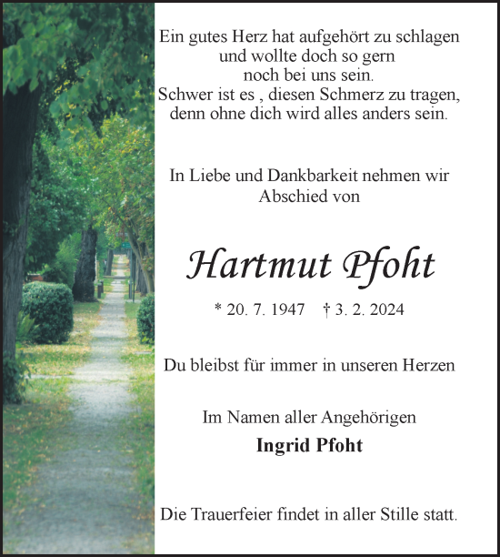 Traueranzeige von Hartmut Pfoht von Nordkurier Neubrandenburger Zeitung