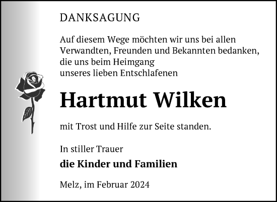 Traueranzeige von Hartmut Wilken von Nordkurier Müritz-Zeitung