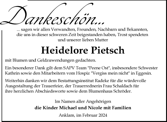 Traueranzeige von Heidelore Pietsch von Nordkurier Vorpommern Kurier