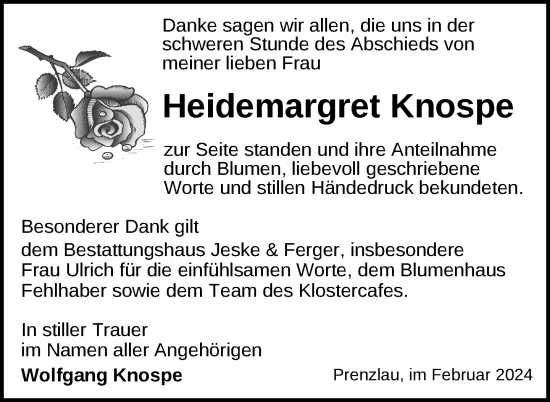 Traueranzeige von Heidemargret Knospe von Uckermark Kurier Prenzlauer Zeitung