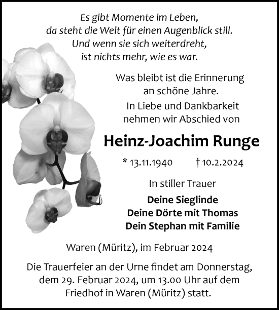 Traueranzeige von Heinz-Joachim Runge von Nordkurier Müritz-Zeitung