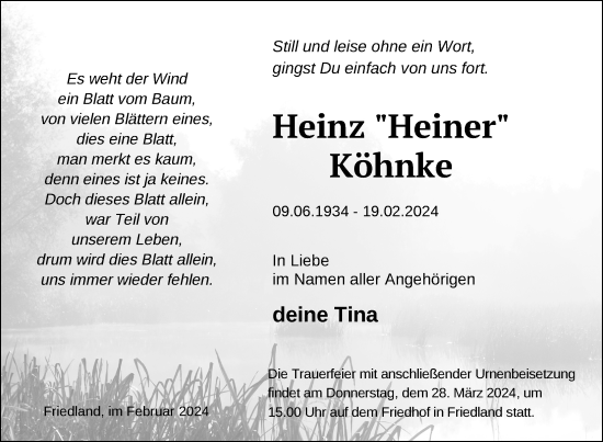 Traueranzeige von Heinz Köhnke von Nordkurier Neubrandenburger Zeitung