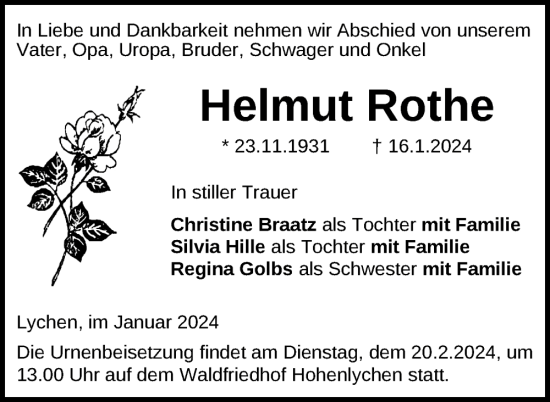 Traueranzeige von Helmut Rothe von Uckermark Kurier Templiner Zeitung