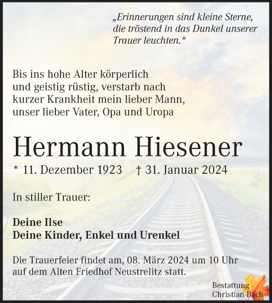 Traueranzeige von Hermann Hiesener von Nordkurier Strelitzer Zeitung