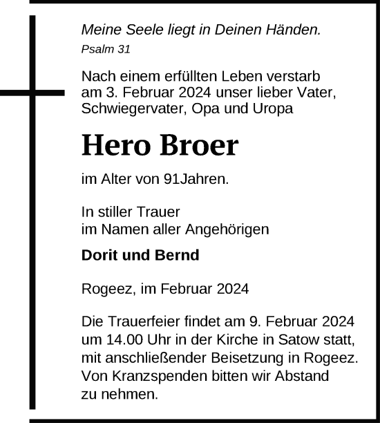 Traueranzeige von Hero Broer von Nordkurier Müritz-Zeitung