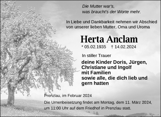 Traueranzeige von Herta Anclam von Uckermark Kurier Prenzlauer Zeitung