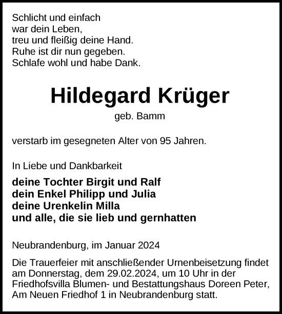 Traueranzeige von Hildegard Krüger von Nordkurier Neubrandenburger Zeitung