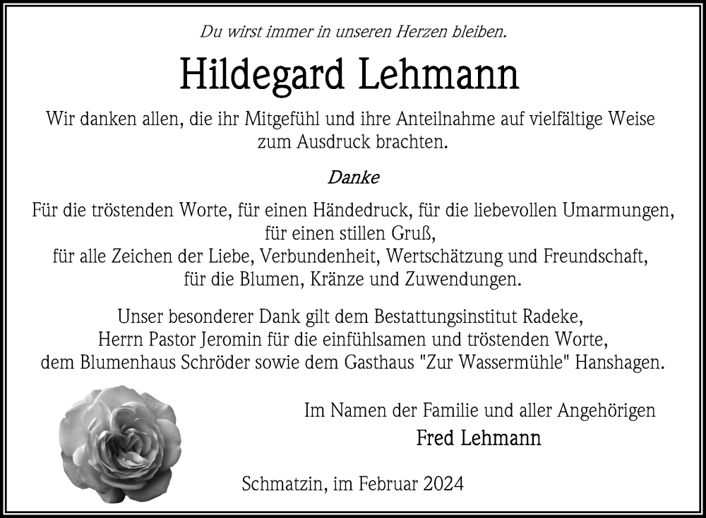  Traueranzeige für Hildegard Lehmann vom 24.02.2024 aus Nordkurier Vorpommern Kurier
