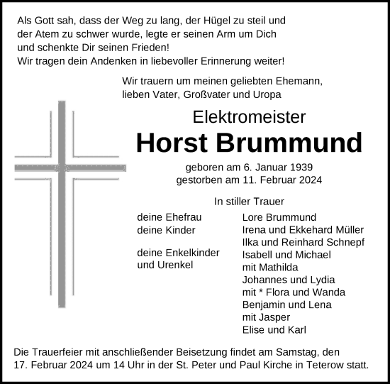 Traueranzeige von Horst Brummund von Nordkurier Haff-Zeitung
