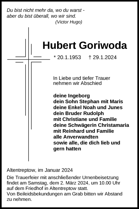 Traueranzeige von Hubert Goriwoda von Nordkurier Neubrandenburger Zeitung