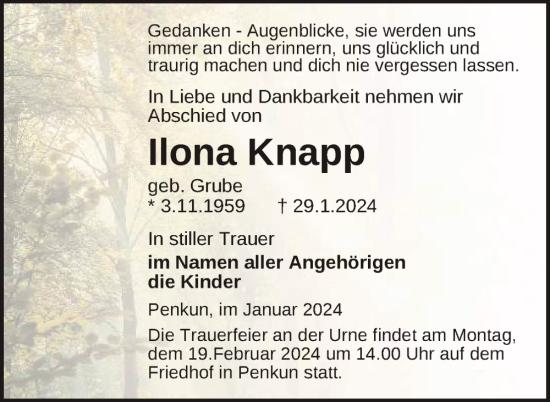 Traueranzeige von Ilona Knapp von Nordkurier Pasewalker Zeitung