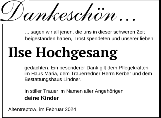 Traueranzeige von Ilse Hochgesang von Nordkurier Neubrandenburger Zeitung