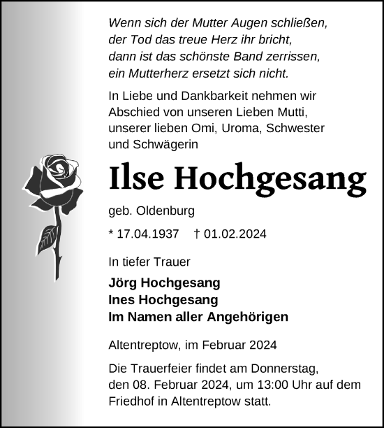 Traueranzeige von Ilse Hochgesang von Nordkurier Neubrandenburger Zeitung