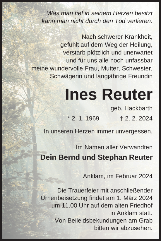 Traueranzeige von Ines Reuter von Nordkurier Vorpommern Kurier