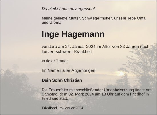 Traueranzeige von Inge Hagemann von Nordkurier Neubrandenburger Zeitung