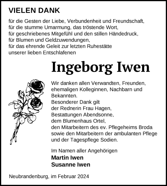 Traueranzeige von Ingeborg Iwen von Nordkurier Neubrandenburger Zeitung