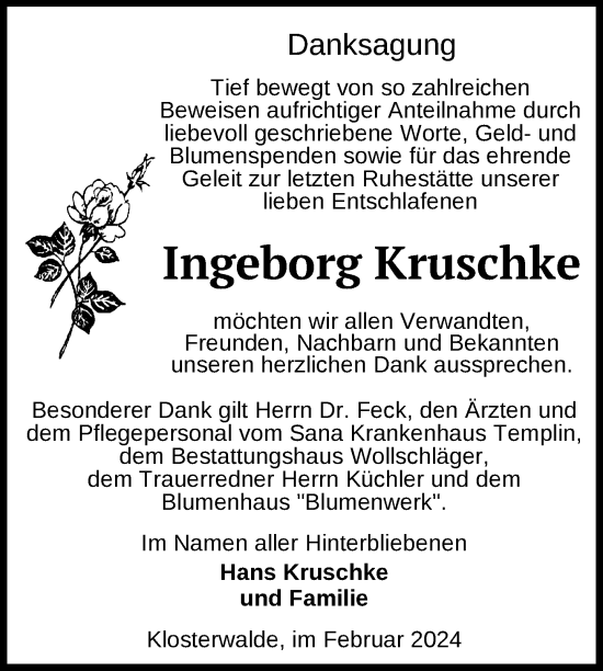 Traueranzeige von Ingeborg Kruschke von Uckermark Kurier Templiner Zeitung