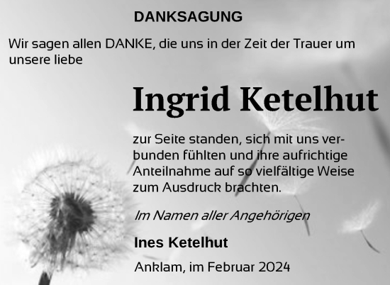 Traueranzeige von Ingrid Ketelhut von Nordkurier Vorpommern Kurier