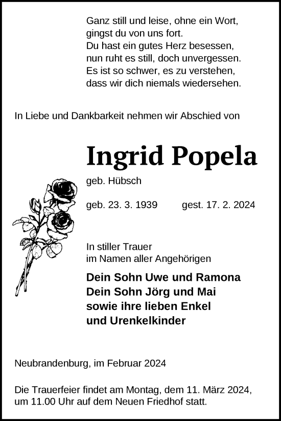 Traueranzeige von Ingrid Popela von Nordkurier Neubrandenburger Zeitung