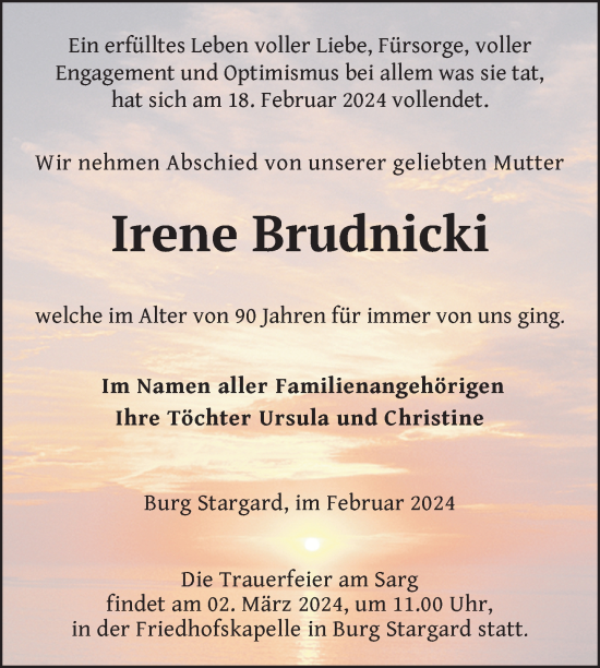 Traueranzeige von Irene Brudnicki von Nordkurier Neubrandenburger Zeitung