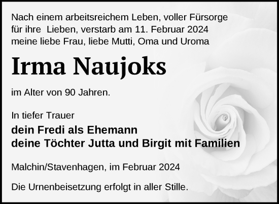 Traueranzeige von Irma Naujoks von Nordkurier Neubrandenburger Zeitung