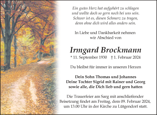 Traueranzeige von Irmgard Brockmann von Nordkurier Müritz-Zeitung