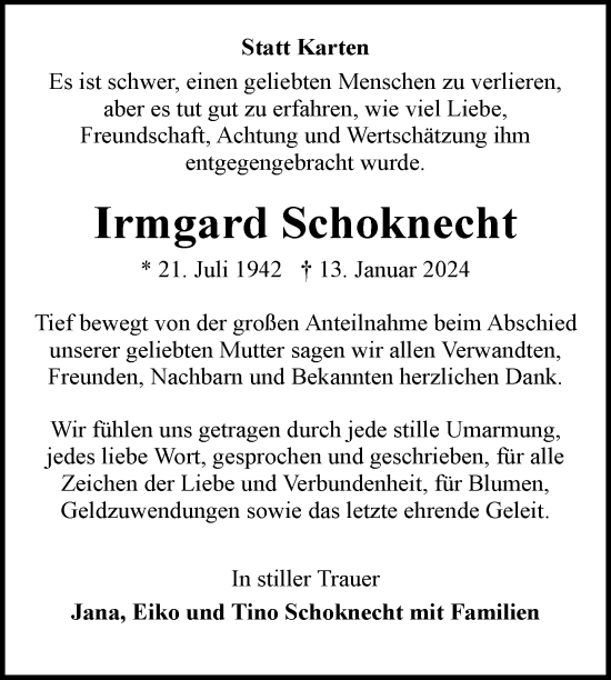 Traueranzeige von Irmgard Schoknecht von Nordkurier Mecklenburger Schweiz