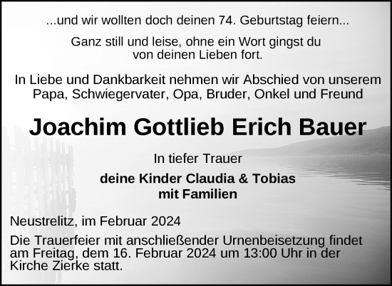 Traueranzeige von Joachim Gottlieb Erich Bauer von Nordkurier Strelitzer Zeitung