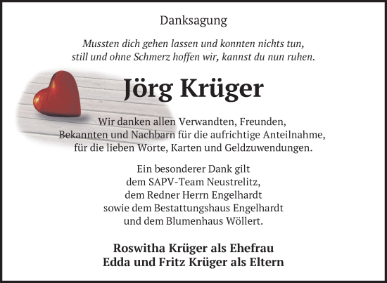 Traueranzeige von Jörg Krüger von Nordkurier Müritz-Zeitung