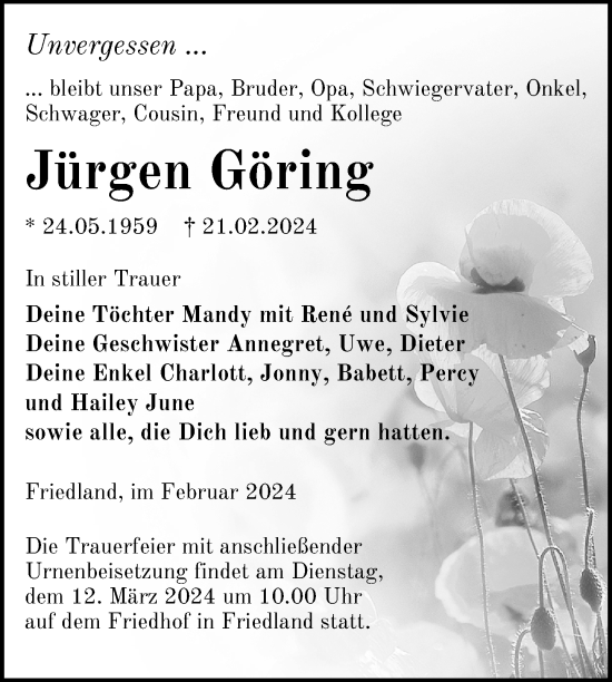 Traueranzeige von Jürgen Göring von Nordkurier Neubrandenburger Zeitung