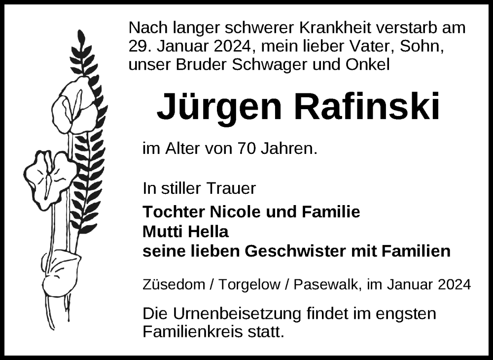  Traueranzeige für Jürgen Rafinski vom 03.02.2024 aus Nordkurier Pasewalker Zeitung